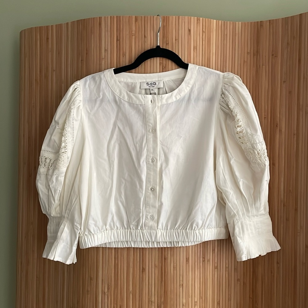 Sea New York White Cotton Button-Front Puff Sleeve Blouse